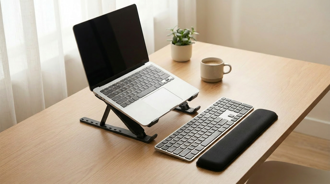 Calm ergonomic workspace with laptop stand and wrist rest